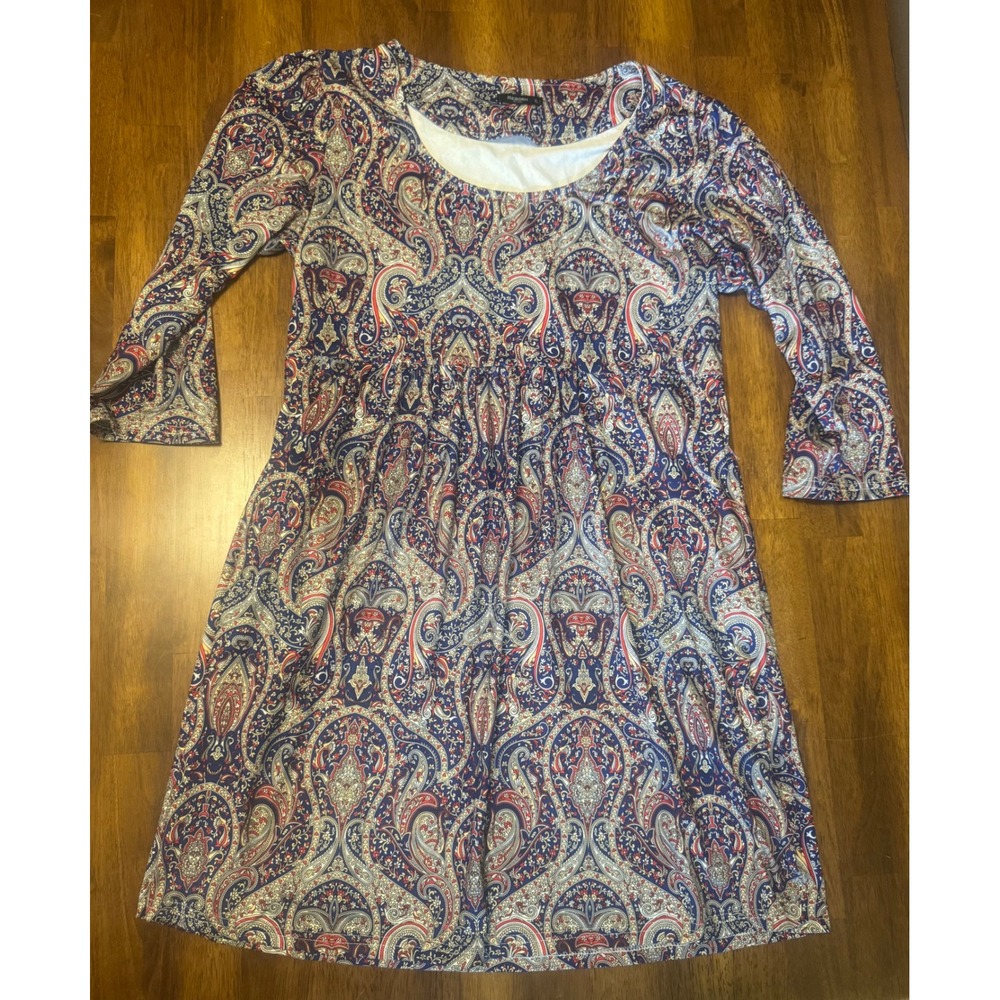 Reborn New York Womens XL Paisley Empire Waist Dress 3/4 Sleeve Blue Red